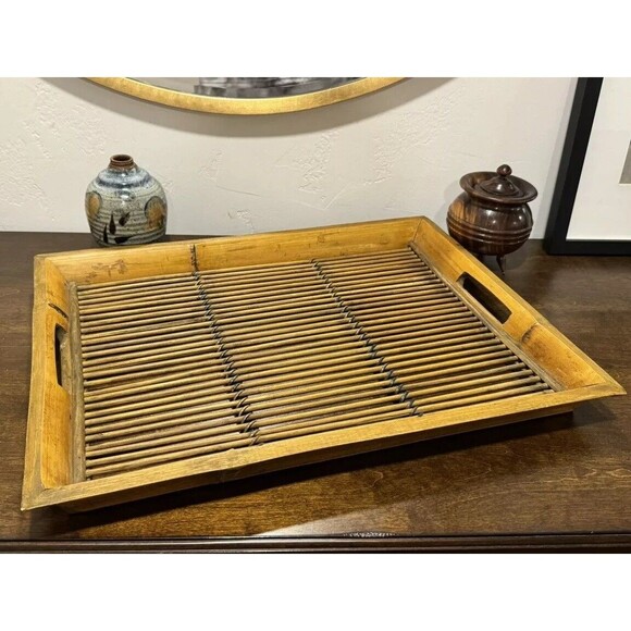 1960s Mid-Century Burnt Tortoise Motif Bamboo Rattan Serving Tray Boho Chic Tiki - Picture 6 of 8